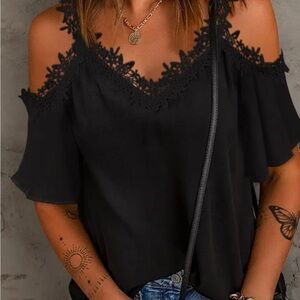 Black Lace Cold Shoulder Flutter Sleeve Top